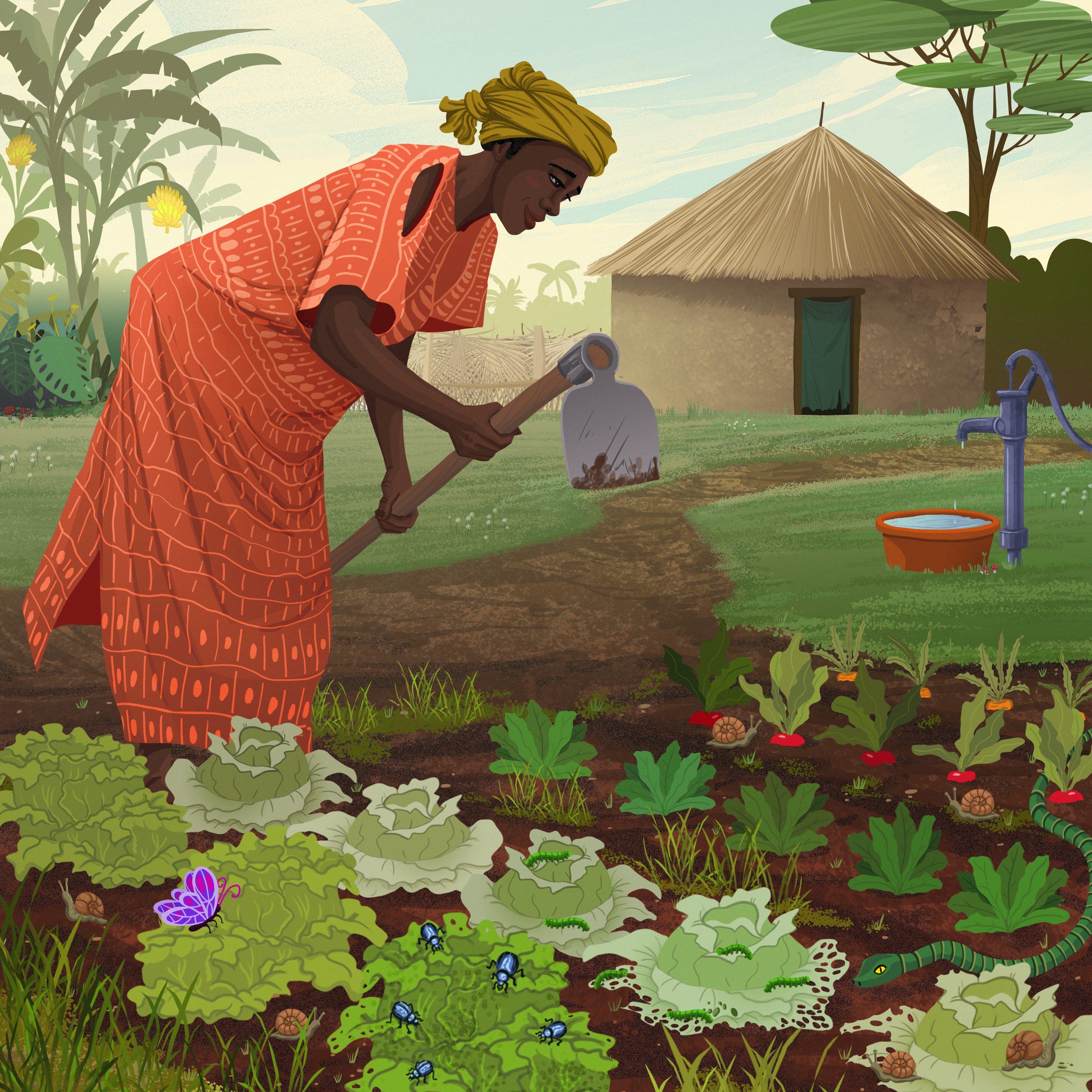 African woman bending over a garden with a gardening tool